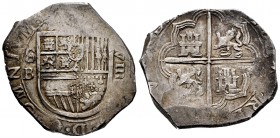 Philip III (1598-1621). 8 reales. (1595-1609). Sevilla. B. (Cal-tipo 170). Ag. 27,40 g. OMNIVM type. Date not visible. Scarce. Choice VF. Est...180,00...