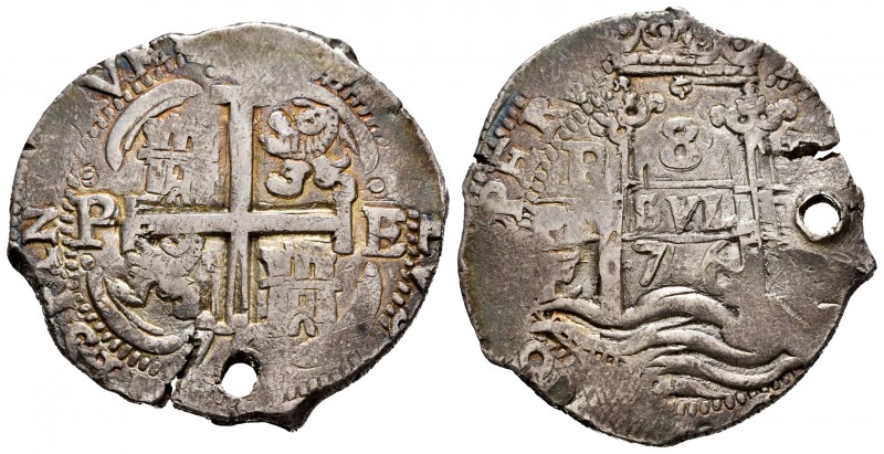 Charles II (1665-1700). 8 reales. 1676. Potosí. E. (Cal-708). Ag. 27,16 g. Holed...