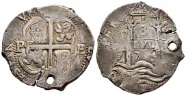 Charles II (1665-1700). 8 reales. 1676. Potosí. E. (Cal-708). Ag. 27,16 g. Holed. VF. Est...150,00. /// SPANISH DESCRIPTION: Carlos II (1665-1700). 8 ...