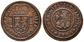 Philip V (1700-1746). 4 maravedis. 1719. Segovia. (Cal-92). Ae. 9,51 g. XF. Est...100,00. /// SPANISH DESCRIPTION: Felipe V (1700-1746). 4 maravedís. ...