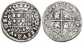 Philip V (1700-1746). 2 reales ¿Counterfeit?. 1718. Sevilla. M. (Cal-977 variante). Ag. 4,70 g. Rare. Almost VF/Choice F. Est...25,00. /// SPANISH DES...