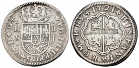Philip V (1700-1746). 2 reales. 1721. Sevilla. J. (Cal-979 variante). Ag. 5,24 g. Resello privado en reverso. Choice F. Est...35,00. /// SPANISH DESCR...