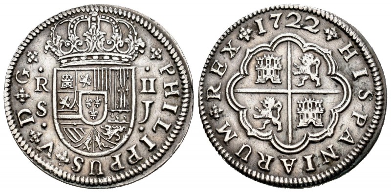 Philip V (1700-1746). 2 reales. 1722. Sevilla. J. (Cal-980). Ag. 5,66 g. XF/Almo...