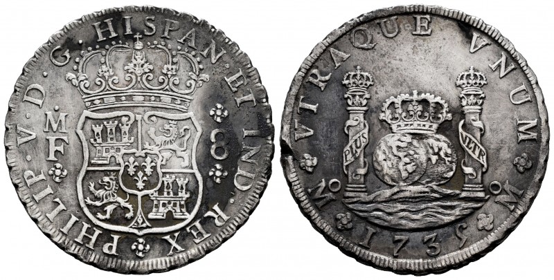 Philip V (1700-1746). 8 reales. 1735. México. MF. (Cal-1143). Ag. 26,77 g. Oxida...