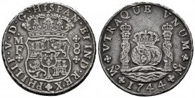 Philip V (1700-1746). 8 reales. 1744. México. MF. (Cal-1466). 26,77 g. VF. Est...200,00. /// SPANISH DESCRIPTION: Felipe V (1700-1746). 8 reales. 1744...