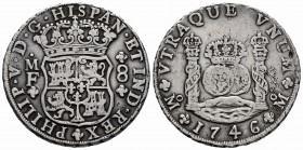 Philip V (1700-1746). 8 reales. 1746. México. MF. (Cal-1470). Ag. 26,89 g. Almost VF. Est...170,00. /// SPANISH DESCRIPTION: Felipe V (1700-1746). 8 r...