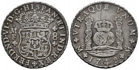 Ferdinand VI (1746-1759). 8 reales. 1749. México. MF. (Cal-473). Ag. 26,96 g. Die break on reverse. Choice VF/VF. Est...200,00. /// SPANISH DESCRIPTIO...