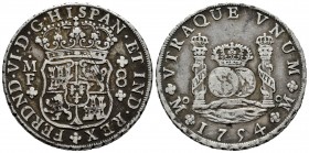 Ferdinand VI (1746-1759). 8 reales. 1754. México. MF. (Cal-482). Ag. 27,03 g. Adjustment lines. VF. Est...200,00. /// SPANISH DESCRIPTION: Fernando VI...