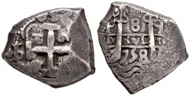 Ferdinand VI (1746-1759). 8 reales. 1758. Potosí. q. (Cal-536). Ag. 26,99 g. Double date. VF. Est...275,00. /// SPANISH DESCRIPTION: Fernando VI (1746...