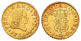 Ferdinand VI (1746-1759). 1/2 escudo. 1756. Madrid. JB. (Cal-559). Au. 1,79 g. Third king´s bust. Choice VF. Est...200,00. /// SPANISH DESCRIPTION: Fe...