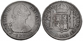 Charles III (1759-1788). 4 reales. 1775. Lima. MJ. (Cal-836). Ag. 13,11 g. Error in legend. Of the highest rarity. Choice F/Almost VF. Est...400,00. /...