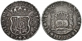 Charles III (1759-1788). 8 reales. 1765. Lima. JM. (Cal-1025). Ag. 26,73 g. Grafitti on reverse. Tone. Pellet above the 1st LMA. Choice VF. Est...260,...
