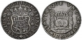 Charles III (1759-1788). 8 reales. 1766. Lima. JM. (Cal-1026). Ag. 27,01 g. Hairline on reverse. Tone. Choice VF. Est...300,00. /// SPANISH DESCRIPTIO...