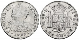 Charles III (1759-1788). 8 reales. 1787. Lima. MI. (Cal-1057). Ag. 26,95 g. Slightly cleaned. Choice VF/Almost XF. Est...150,00. /// SPANISH DESCRIPTI...