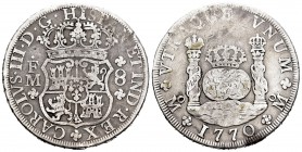 Charles III (1759-1788). 8 reales. 1770. México. FM. (Cal-1101). Ag. 26,23 g. Choice F. Est...100,00. /// SPANISH DESCRIPTION: Carlos III (1759-1788)....
