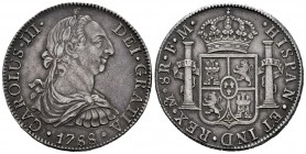 Charles III (1759-1788). 8 reales. 1788. México. FM. (Cal-1132). Ag. 26,98 g. Tone. Choice VF/Almost XF. Est...160,00. /// SPANISH DESCRIPTION: Carlos...