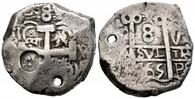 Charles III (1759-1788). 8 reales. 1765. Potosí. V. (Cal-361). Ag. 26,78 g. Guatemala countermark. Holed. Rare. VF. Est...250,00. /// SPANISH DESCRIPT...