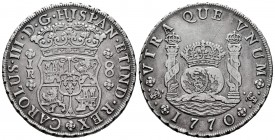 Charles III (1759-1788). 8 reales. 1770. Potosí. JR. (Cal-1168). Ag. 26,72 g. 4-petalled rosette. Scratch on reverse. Choice VF/VF. Est...300,00. /// ...