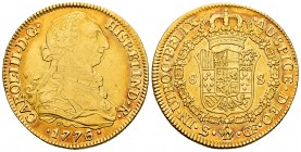 Charles III (1759-1788). 8 escudos. 1776/5. Sevilla. CF. (Cal-2185). (Cal onza-960). Au. 26,92 g. Overdate. Some original luster remaining. Rare. Choi...