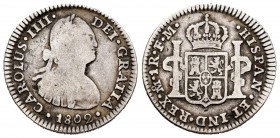Charles IV (1788-1808). 1 real. 1802. México. FM. (Cal-446). Ag. 3,20 g. Choice F. Est...18,00. /// SPANISH DESCRIPTION: Carlos IV (1788-1808). 1 real...