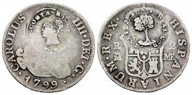 Charles IV (1788-1808). 2 reales. 1799. Madrid. M.F. (Cal-607). Ag. 5,43 g. Rare. Costa Rica countermark. Choice F/Almost VF. Est...180,00. /// SPANIS...