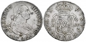 Charles IV (1788-1808). 4 reales. 1792. Madrid. MF. (Cal-778). Ag. 13,18 g. Nicks on edge. Choice VF. Est...100,00. /// SPANISH DESCRIPTION: Carlos IV...