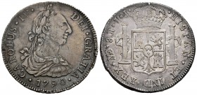 Charles IV (1788-1808). 8 reales. 1790. Lima. IJ. (Cal 2019-904). Ag. 26,78 g. Busto de Carlos III y ordinal IV. Escasa. VF. Est...80,00. /// SPANISH ...