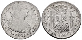 Charles IV (1788-1808). 8 reales. 1805. Lima. JP. (Cal-925). Ag. 26,68 g. With some original luster remaining. Choice VF. Est...140,00. /// SPANISH DE...