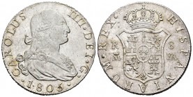 Charles IV (1788-1808). 8 reales. 1805. Madrid. FA. (Cal-943). Ag. 26,76 g. Hairlines on obverse. A good sample. Scarce. Almost XF. Est...250,00. /// ...