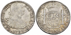 Charles IV (1788-1808). 8 reales. 1794. México. FM. (Cal-956). Ag. 26,91 g. Planchet defect on edge. Almost VF. Est...50,00. /// SPANISH DESCRIPTION: ...