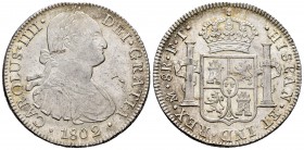 Charles IV (1788-1808). 8 reales. 1802. México. FT. (Cal-975). Ag. 26,98 g. Planchet defect on edge. It retains some luster. Choice VF/Almost XF. Est....