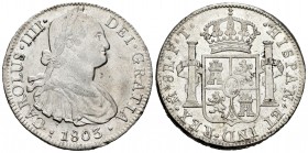 Charles IV (1788-1808). 8 reales. 1803. México. FT. (Cal-977). Ag. 26,87 g. With some original luster remaining. Scarce in this grade. Almost XF. Est....