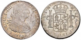 Charles IV (1788-1808). 8 reales. 1806. México. TH. (Cal-984). Ag. 26,98 g. Delicate patina. With some original luster remaining. Almost XF. Est...150...