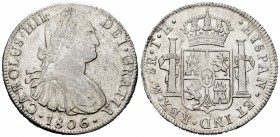 Charles IV (1788-1808). 8 reales. 1806. México. TH. (Cal-984). Ag. 26,98 g. It retains some original luster on reverse. Choice VF/Almost XF. Est...90,...