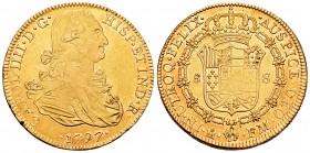 Charles IV (1788-1808). 8 escudos. 1797. México. FM. (Cal-1637). (Cal onza-1028). Au. 26,96 g. Scratches on obverse. Metal test. It retains some luste...