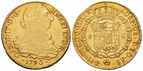 Charles IV (1788-1808). 8 escudos. 1790. Popayán. SF. (Cal-1659). (Cal onza-1049). Au. 26,95 g. Bust of Charles III and Ordinal IV. Almost VF/Choice V...