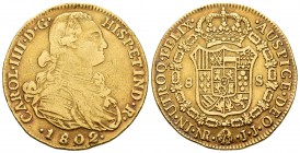 Charles IV (1788-1808). 8 escudos. 1802. Santa Fe de Nuevo Reino. JJ. (Cal-1740). Au. 26,93 g. Almost VF/VF. Est...1150,00. /// SPANISH DESCRIPTION: C...