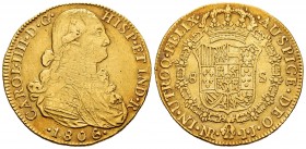 Charles IV (1788-1808). 8 escudos. 1806. Santa Fe de Nuevo Reino. JJ. (Cal-1747). (Cal onza-1146). Au. 26,92 g. Sin punto después de la R al final de ...