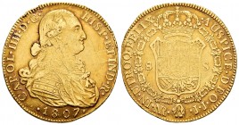 Charles IV (1788-1808). 8 escudos. 1807. Santa Fe de Nuevo Reino. (Cal-1748). (Cal onza-1147). Au. 26,64 g. Scratches on obverse. Edge nicks. Almost V...