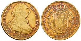 Charles IV (1788-1808). 8 escudos. 1792. Santiago. DA. (Cal-1757). Au. 26,91 g. Bust of Charles III and ordinal of king IIII. Beautiful colour. XF. Es...