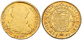 Charles IV (1788-1808). 8 escudos. 1806. Santiago. FJ. (Cal-1778). (Cal onza-1181). Au. 27,03 g. Bust of Charles III and ordinal IIII. Grafitti. It re...