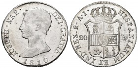 Joseph Napoleon (1808-1814). 20 reales. 1810. Madrid. AI. (Cal-37). Ag. 27,33 g. Large eagle. Hairlines. Original luster. XF/AU. Est...300,00. /// SPA...