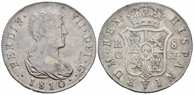 Ferdinand VII (1808-1833). 8 reales. 1810. Cataluña. SF. (Reus o Tarragona). (Cal-1159). Ag. 26,68 g. Minor nick on edge. Rare. Almost VF. Est...500,0...