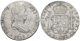 Ferdinand VII (1808-1833). 8 reales. 1815. Lima. JP. (Cal-1248). Ag. 27,51 g. Small planchet flaw on obverse. A good sample. Scarce in this grade. Alm...