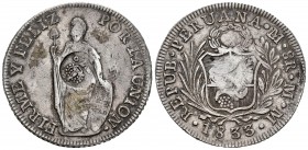 Ferdinand VII (1808-1833). 8 reales. 1833. Lima. MM. (Cal-1305). Ag. 27,36 g. Resello F7º coronado para circular por Manila. Almost VF. Est...100,00. ...