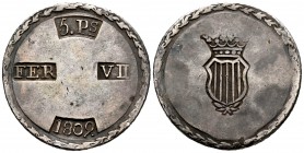 Ferdinand VII (1808-1833). 5 pesetas. 1809. Tarragona (Cataluña). (Cal-1429). Ag. 26,52 g. Choice VF. Est...170,00. /// SPANISH DESCRIPTION: Fernando ...