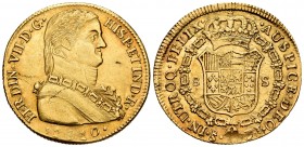 Ferdinand VII (1808-1833). 8 escudos. 1810. Santiago. FJ. (Cal-1863). Au. 27,02 g. Minor striking error on reverse. Admiral bust. Scarce. XF. Est...16...