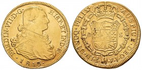 Ferdinand VII (1808-1833). 8 escudos. 1813. Santiago. FJ. (Cal-1869). Au. 27,12 g. Bust of Charles IV. Cleaned. VF. Est...1200,00. /// SPANISH DESCRIP...