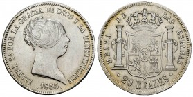 Elizabeth II (1833-1868). 20 reales. 1855. Madrid. (Cal-597). Ag. 25,85 g. Cleaned. Choice VF. Est...110,00. /// SPANISH DESCRIPTION: Isabel II (1833-...