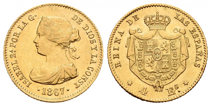 Elizabeth II (1833-1868). 4 escudos. 1867. Madrid. (Cal-691). Au. 3,38 g. Choice...